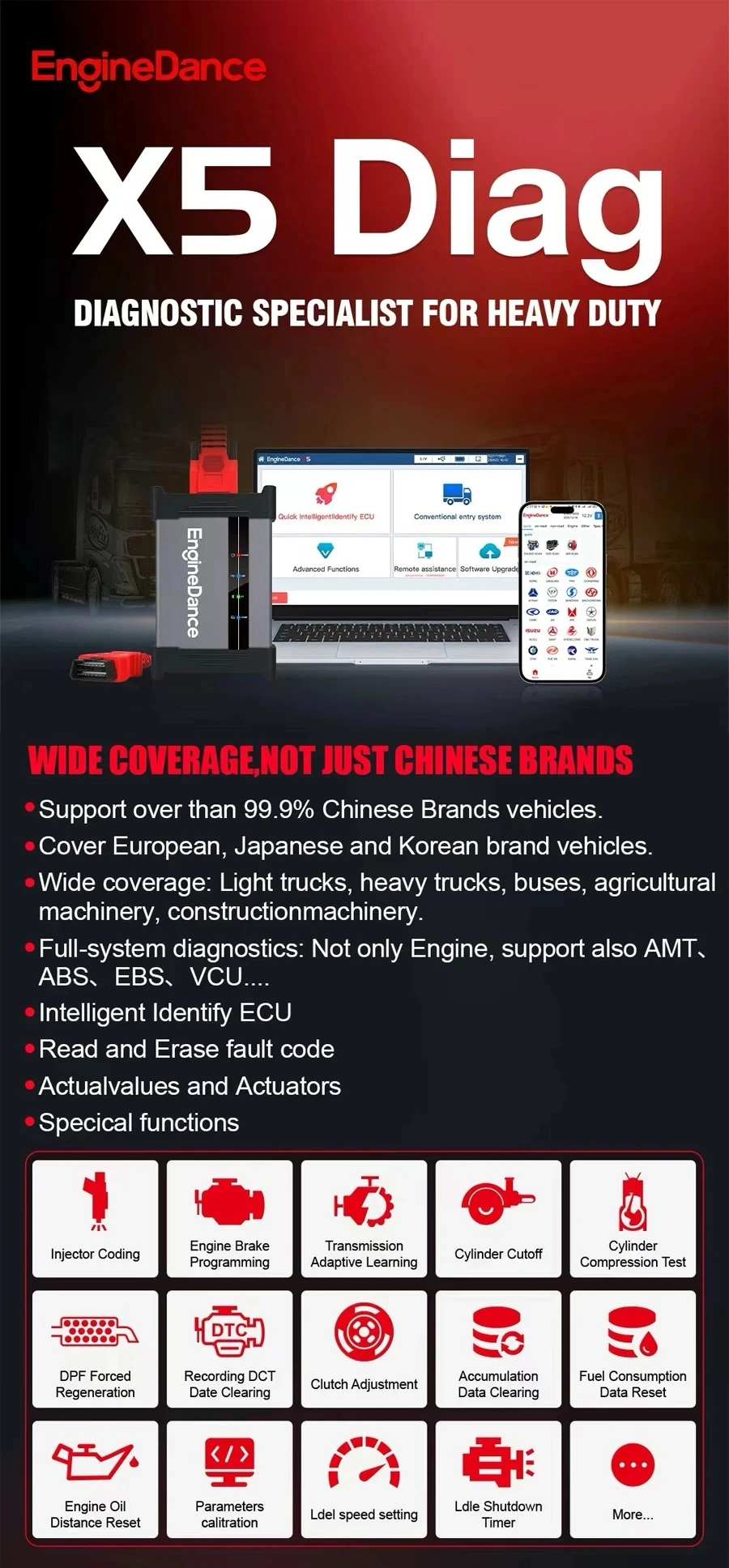 Diesel Computer Coding EngineDance X5 Diag 2-in-1 Truck Diagnostic Tool ECU Programmer Heavy ...